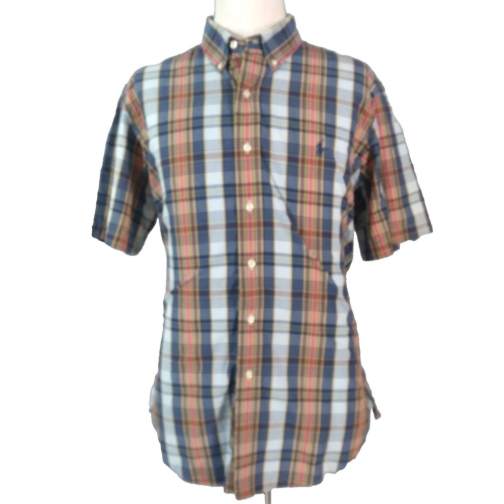 Ralph‎ Lauren shirt mens large blue plaid shorts sleeve cotton Preppy retro